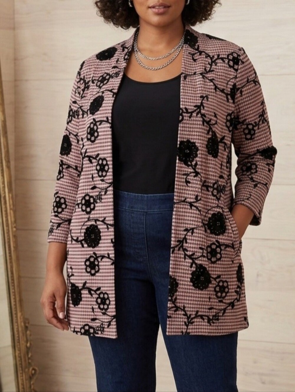Slinky Brand plaid flannel floral print open front jacket